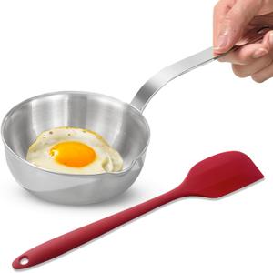 Mini Egg Pan, 304 Stainless Steel Omelet Pan, 5.1Inch Sauce Pan Mini Skillet for Egg Frying Pan, Butter Warmer Small Pot Cooking with 10.5" Scraper (Red)