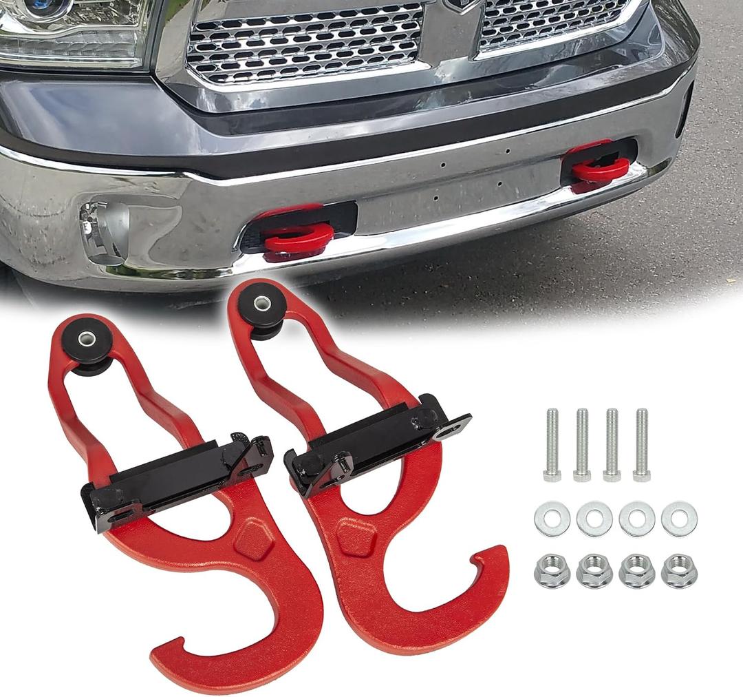 Front Tow Hooks for 2009-2024 Dodge Ram 1500 Classis(DS), Red | Not for Warlock, Heavy Duty Solid Steel, Rust-proof Powder Coating, Replace 55398284AA/55398285AA/82210967, Bolt-on Install