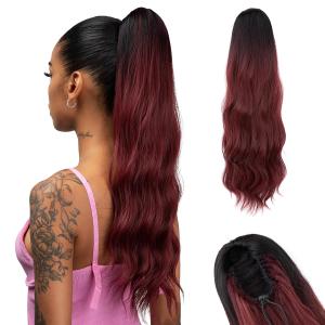 Long Drawstring Ponytail Hair Extension Body Wave 22 Inch Synthetic Fake Layered Pony Tail Hairpieces for Women Burgundy with Black Root