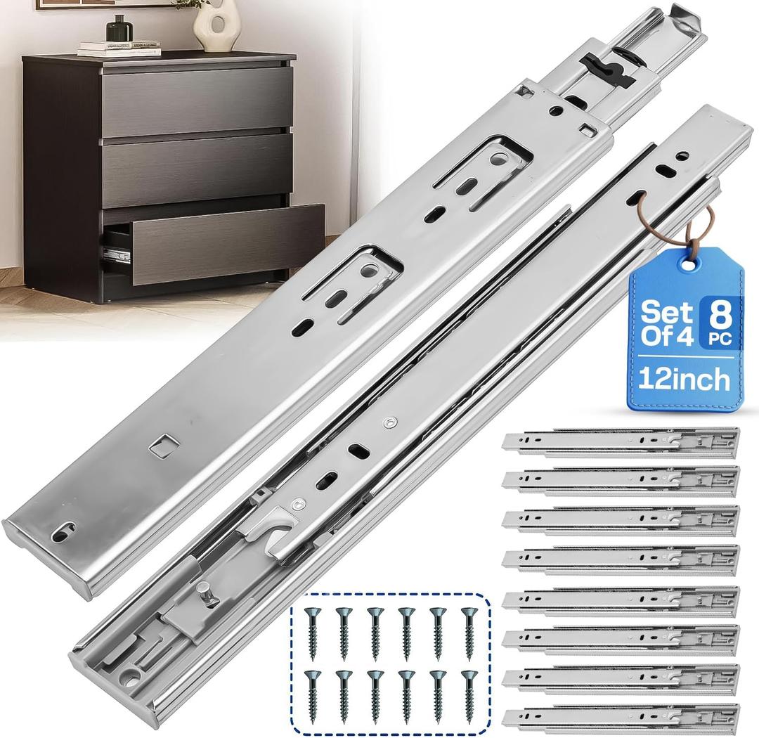 12 Inch Soft Close Drawer Slides 4 Pairs (8pcs) Heavy Duty Full Extension Ball Bearing, Side Mount Drawer Rails, Drawer Slide Glides for Dresser, Cabinet, Kitchen - Draw Slides 150LB Capacity