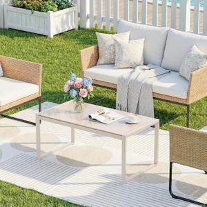 ONBRILL Rectangle Coffee Table with Tempered Glass Desktop, Galvanized Frame Outdoor Coffee Table with Adjustable Feet for Patio, Balcony, Deck, Living Room, Sand, 33.1 inches x 17.7 inches x 14.9 inches