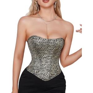 Moessa Women's Satin Corset Top Sexy Backless Strapless Sweetheart Neck Bustier Boned Bodyshaper Party Crop Top (Gold), S