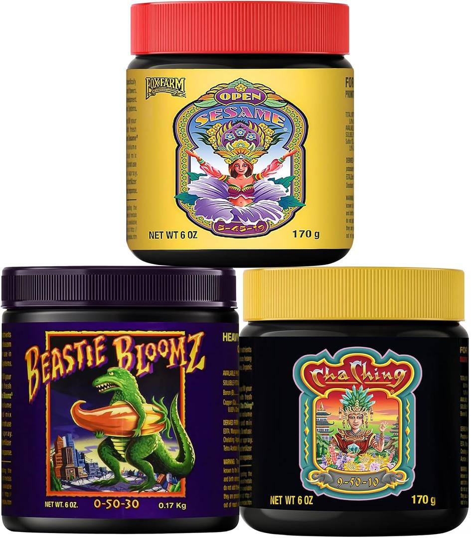 FoxFarm Soluble Trio Pack - Open Sesame, Beastie Bloomz, Cha Ching - Supports Flowering, Blossom & Late-Stage Fruiting - Bloom Fertilizer for Hydroponic & Conventional Growers - 3 x 6 oz
