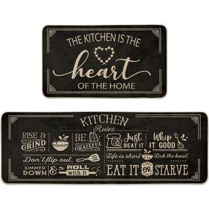 Artoid Mode Black Cooking Sets Kitchen Mats Set of 2, Seasonal The Kitchen is The Heart of The Home Holiday Party Low-Profile Floor Mat for Home Kitchen - 17x29 and 17x47 Inch