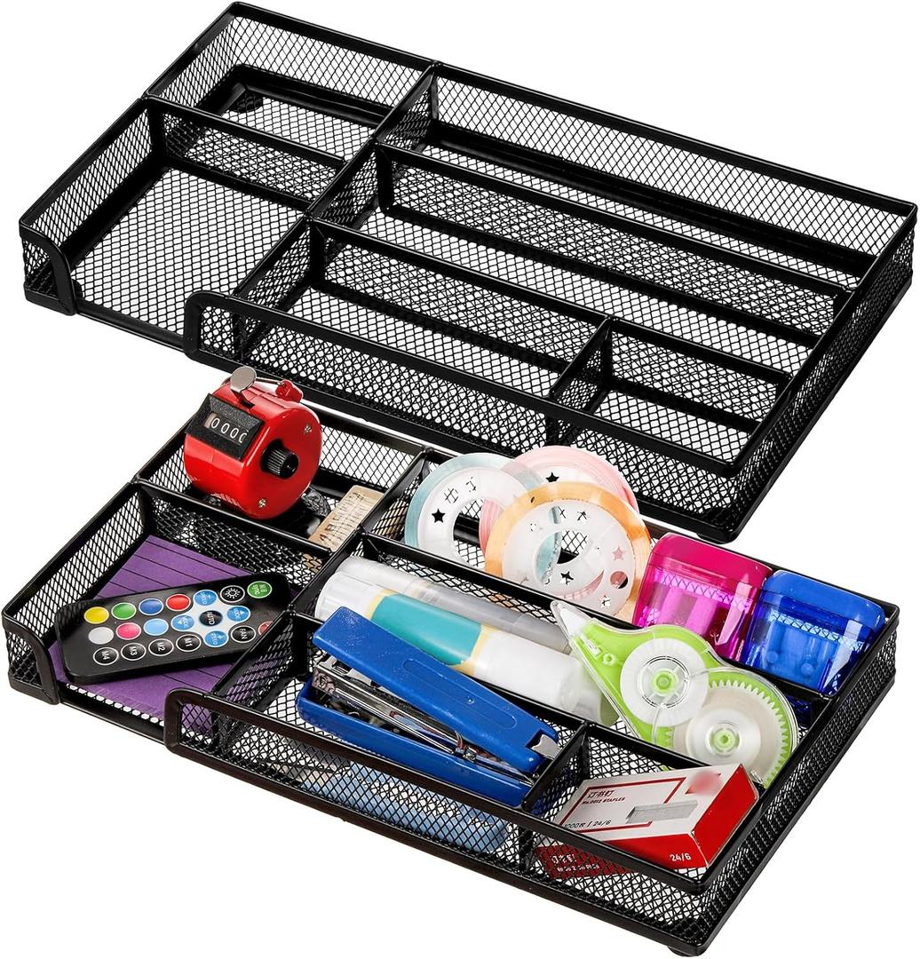 Noamus 2 Pack Desk Drawer Organizer, Metal Mesh Drawer Office Tray, 6 Compartments Pen Organizer Storage Box, Desktop Basket Accessories for Home Office School Kitchen Vanity Supplies, Black