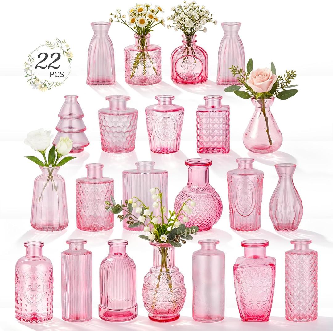 RUCKAE 22 Pack Pink Small Vases Glass Mini Bud Vase in Bulk Vintage Pink Flower Vases for Wedding,Centerpieces Home Decor and Party