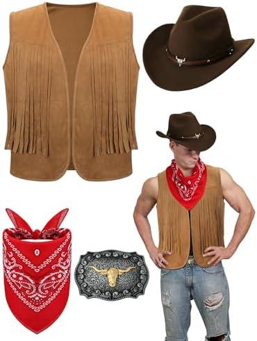 Toulite 4 Pcs Western Outfits for Men Cowboy Tassel Vest Hat Belt Buckle Paisley Bandana for Halloween Cosplay Large