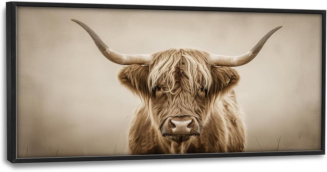 Highland Cow Large Framed Wall Art for Living Room Western Cattle Canvas Prints Longhorn Animal Pictures Painting Artwork Home Decor for Bathroom Bedroom 60"x30"