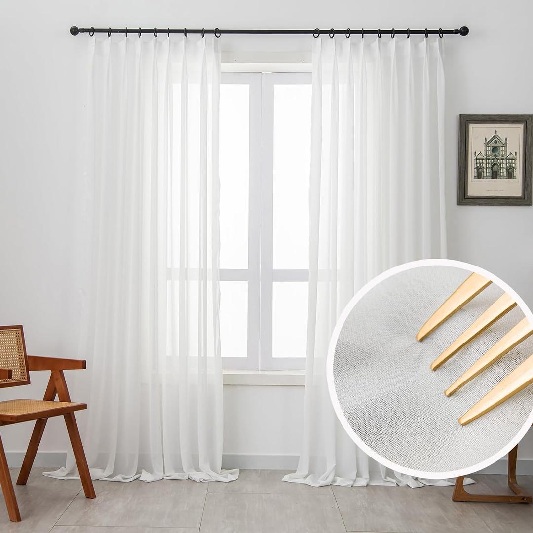 Off White Pinch Pleated Sheer Curtains & Drapes 84 Inches Long Light Filterring Semi-Sheer Pinch Pleat Curtains for Sliding Glass Door & Living Room, 52 inch Width x 84 inch Length, Set of 2