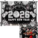 Happy New Year 2026 Black Silver Backdrop 2026 New Year Eve Countdown Photo Background Cheer to 2026 Party Decoration Banner Photo Supplies