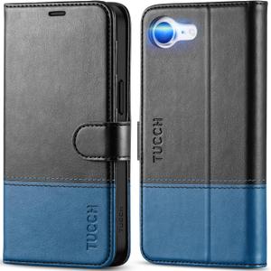 TUCCH Case Wallet for iPhone 16e 6.1", [RFID Blocking] [4 Card Holders] Stand Magnetic Closure Protective [TPU Inner Shell], PU Leather Cover Compatible with iPhone 16e, Black&Light Blue
