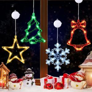 Waipfaru 4 PCS Christmas Window Lights with Timer Function, Christmas Window Decorations Jingle Bell Snowflake Christmas Tree Star Lights with Suction Cup for Decorations Indoor Outdoor