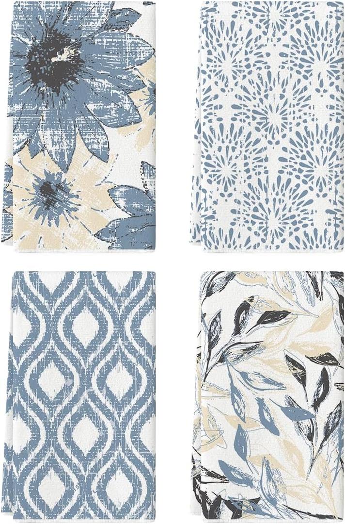 Artoid Mode Blue Floral Leaves Boho Kitchen Towels Dish Towels, 18x26 Inch Seasonal Decoration Hand Towels Set of 4