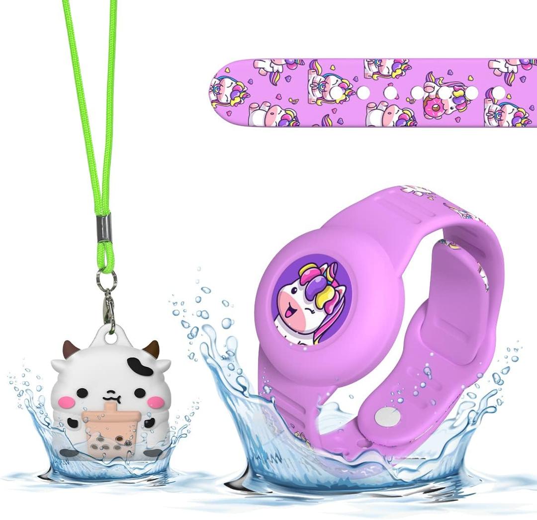 2Pack for Air Tag Bracelet & Airtag Necklace, Cute Wristband Air tag Holder Kids Hidden Soft Silicone AirTag Accessories Compatible with Apple AirTag for Child, Waterproof, Adjustable (Cow+Unicorn)