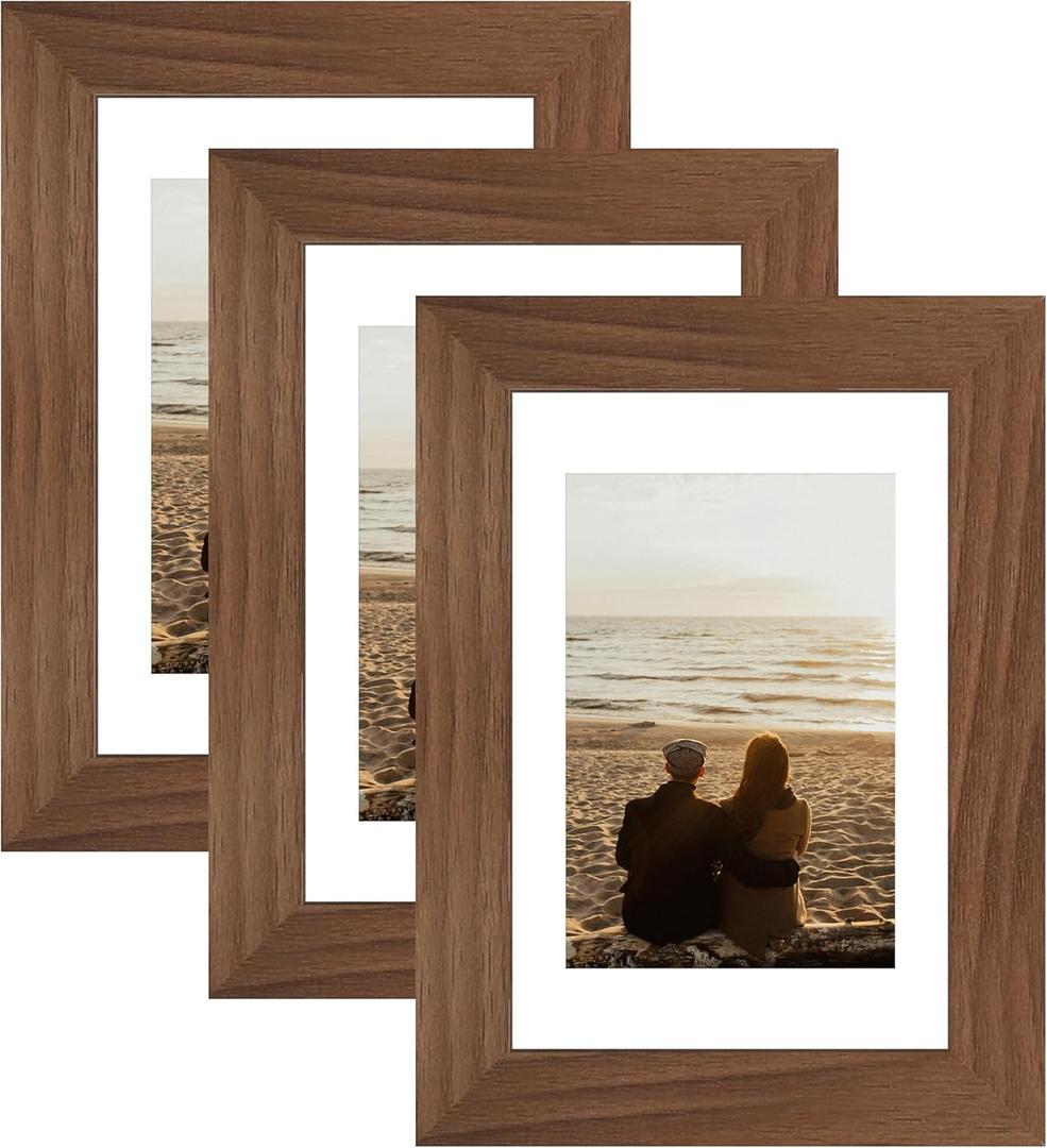 YESKAY 4x6 Picture Frame 3 Pack,Brown Wooden Frame with Tempered Glass,Display Pictures 3.5x5 with Mat or 4 x 6 Without Mat,4 by 6 Photo Frame for Wall or Tabletop