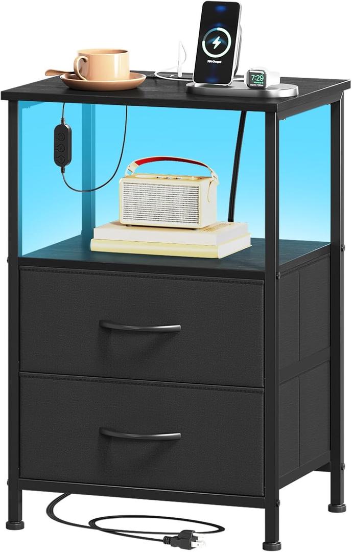 Somdot Black Nightstand with Charging Station and LED Light for Bedroom, 2 Drawers Dresser with Fabric Bins for Bedside Kids Dorm Room Closet Laundry Entryway, Black