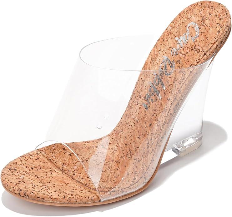 Women's Clear Wedge Heels - 4 Inch Open Toe Chunky Heels with Transparent Upper & Genuine Leather Sole |  Cork, Size 7