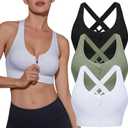 Sykooria Women Sports Bras High Impact Strappy Cross Back Padded Workout Bras for Running Yoga Gym (Small, Zipper-black+white+green)