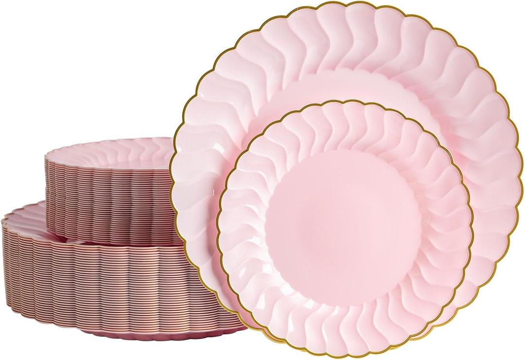 80pcs Pink Scalloped Plastic Plates With Gold Rim, Include 7 inch and 10 inch disposable Plastic Plates for Party, Wedding, Birthday