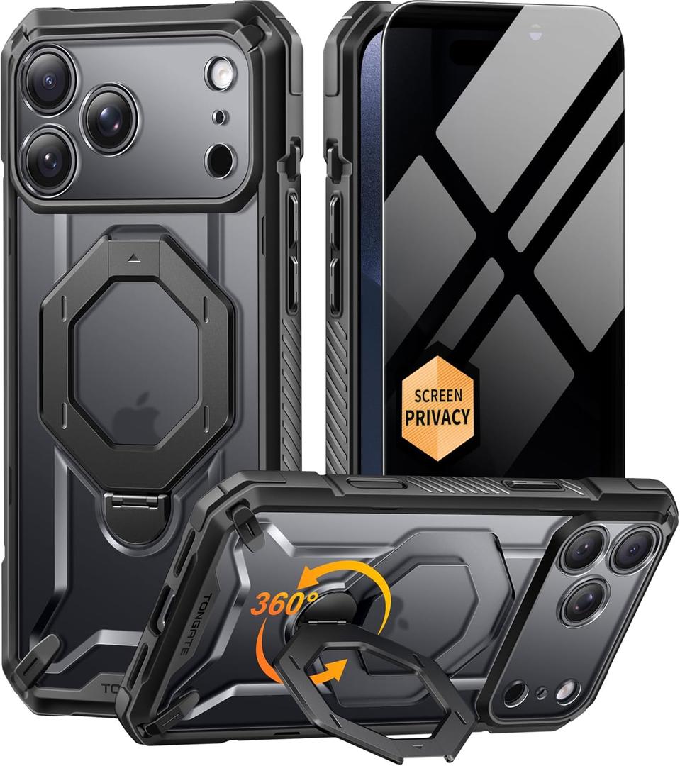 TONGATE for iPhone 17 Pro Case with 360° Spin Magnetic Stand, [Compatible with MagSafe][Military-Grade Protection] with Privacy Screen Protector & Camera Control Cover for iPhone 17 Pro, Black