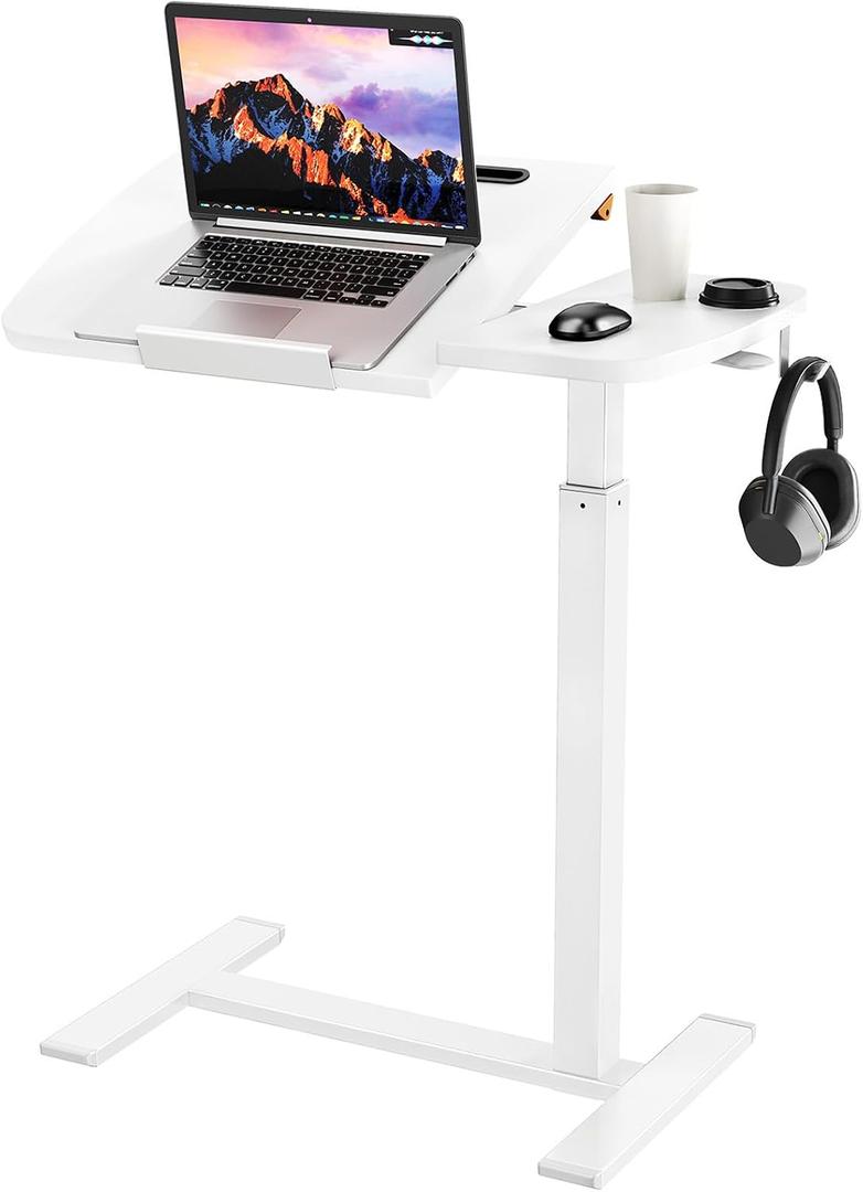 Overbed Bedside Table with Wheels,Tiltable Hospital Bed Table, Pneumatic Adjustable Overbed Table, Rolling Laptop Desk, Mobile Standing Desk for Bed, Couch, or Hospital Use, 24.21 inches x 15.75 inches x 42.72 inches