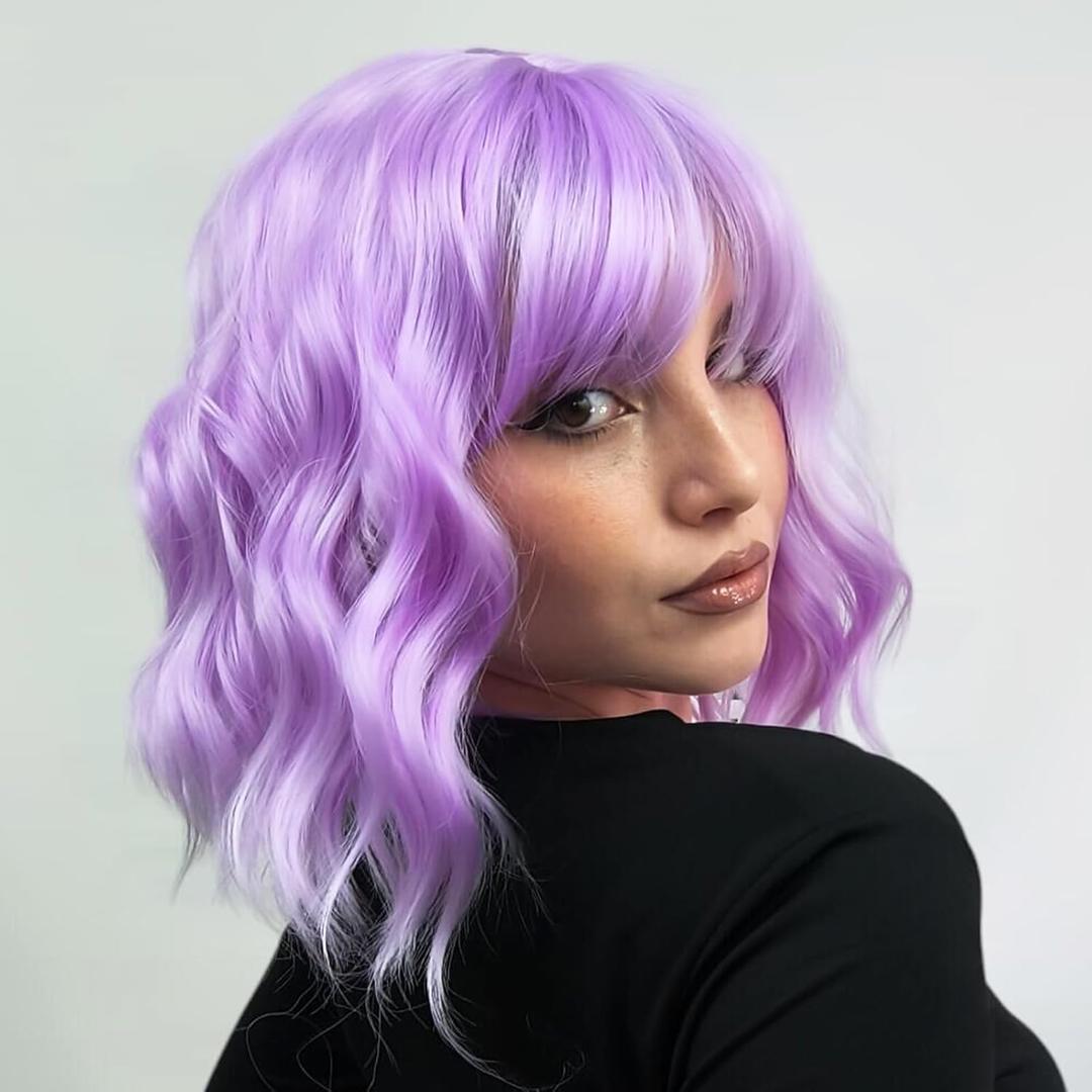 Purple Wig with Bangs Short Light Purple Wigs for Women, Lavender Purple Bob Wavy Wig Synthetic Cosplay Wigs for Party Halloween Party
