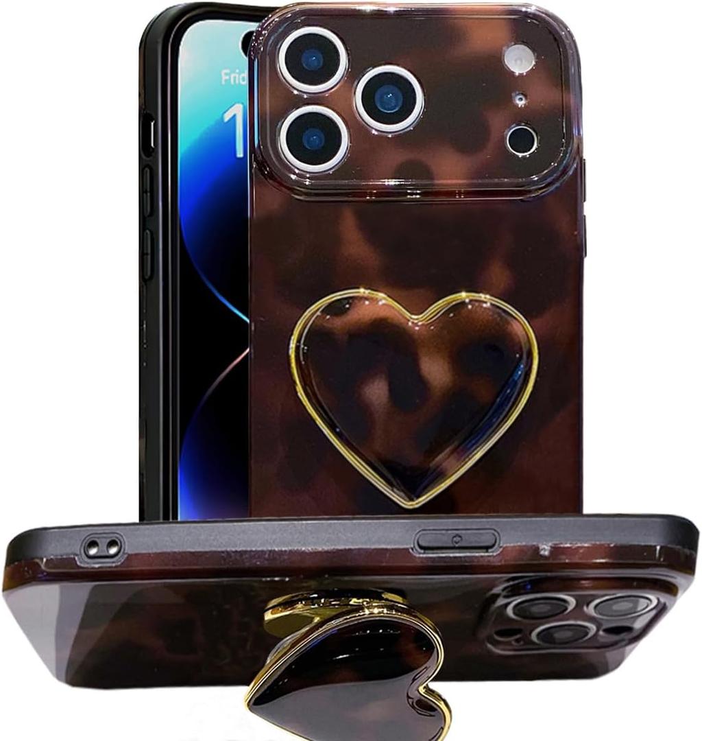 Compatible with Cute iPhone 17 Pro Max Case 6.9'', Tortoise Shell Phone Case with Dark Brown Amber Print Leopard Heart Holder Stand Kickstand Shockproof TPU Protective Cover for Women Girls