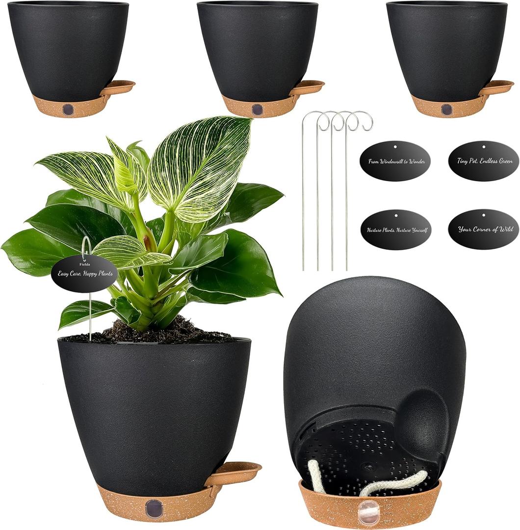 6 Inch Self Watering Pots for Indoor Plants(5-Pack) Small Plastic Planters with Water Level Window, Drainage Holes & Detachable Trays, Indoor Outdoor Flower Pots for Herbs, Snake,Pothos(Black)