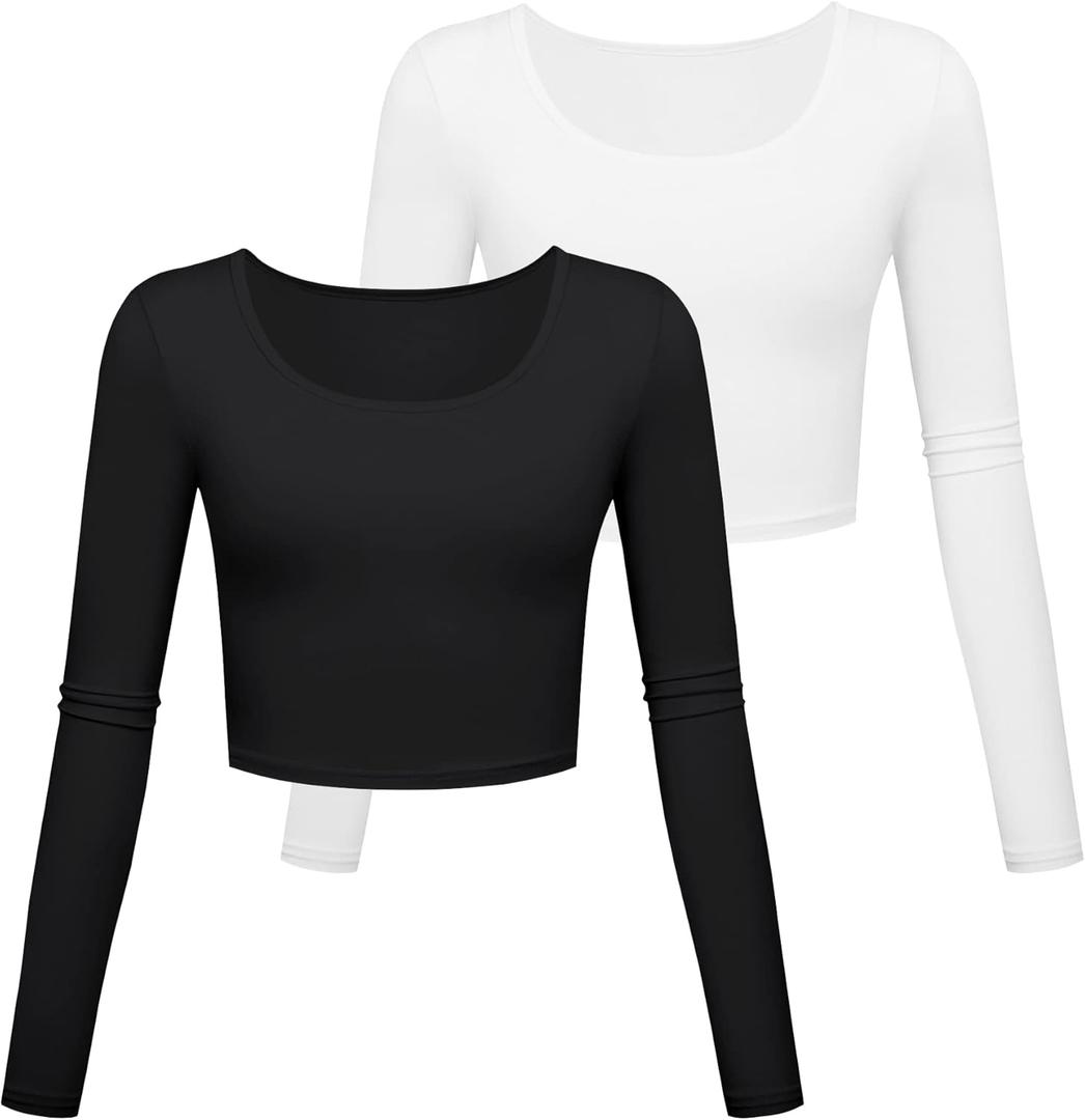 Long Sleeve Crop Tops for Women Workout Basic Clothes Fitted Slim Scoop Neck Cute Yoga Shirts (S)