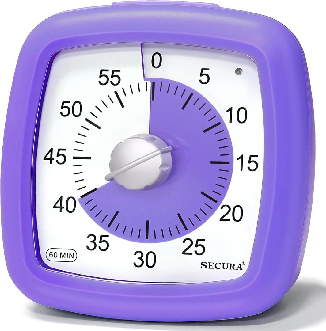 Secura 60-Minute Visual Timer, Silent Study Timer for Kids and Adults, Time Clocks, Time Management Countdown Timer for Teaching (Purple & Purple)