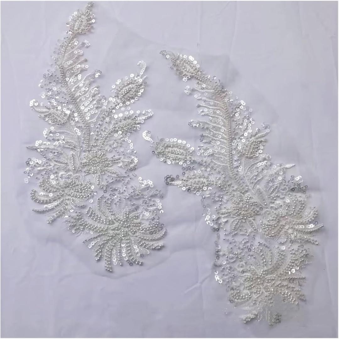 Flower Embroidery, Lace-Edge Sequin Beads, Flower Embroidery, Sewing and Applique Patches 2 Pairs(Beige)