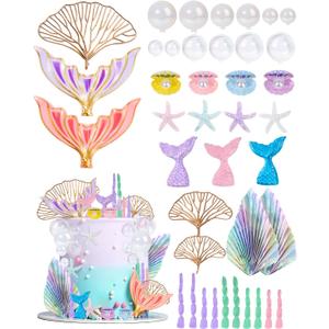 Mermaid Cake Toppers, 40-Piece Under the Sea Cake Decor Set, Seaweed, Bubbles, Tails, Starfish, Shells, Origami, Golden Ginkgo Leaves, for Birthday Mermaid Theme Party Supplies