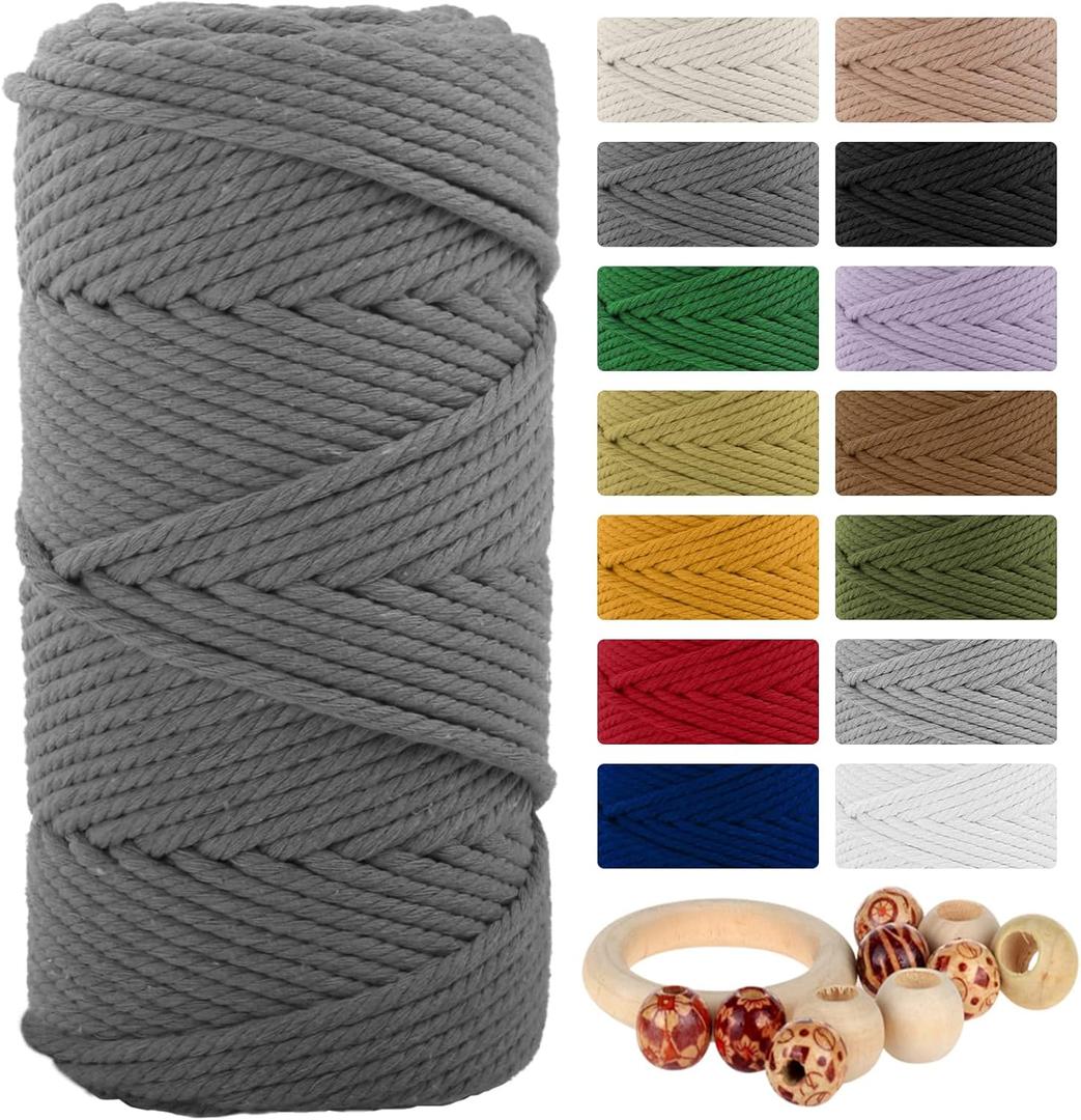 Macrame Cotton Cord 5mmx109 Yard 4 Strand, Munzong Natural Handmade 4 Twisted Cotton Rope for Wall Hanging Weaving Tapestry DIY Craft Knitting Plant Hanger Gift Wrapping Wedding Decor(100m, Gray)