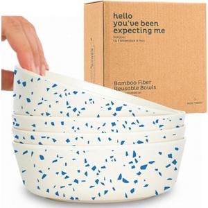 Nook Theory 4 Pack Bamboo Bowls - 18 Oz Reusable Toddler and Kids Bowl, Dishwasher Safe - Not Microwavable Bamboo Dishes (Terrablue)