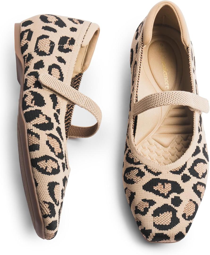 Mary Jane Flat Shoes for Women with Arch Support and Concealed Low Wedge Heel, Comfortable Women Square Toe Ballet Flats Knit Dress Shoes (11, Leopard)