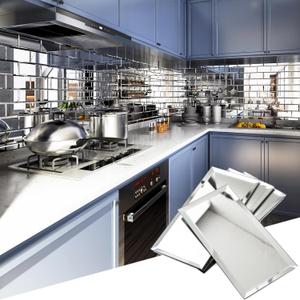 Diflart Beveled Mirror Backsplash Tiles for Kitchen, Silver Subway, 4x8 Inch, Mirror TIile for Bathroom Accent Wall, Pack of 5.7 Sq.ft, 26pcs