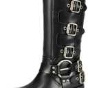DREAM PAIRS Women's Knee High Riding Boots Side Zipper Motorcycle Boots Square Toe Chunky Heel Fashion Buckles Biker Boots, 9