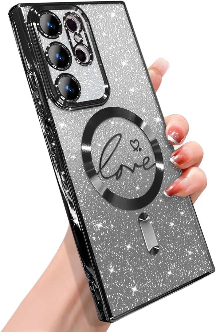 ZONRW for Samsung Galaxy S23 Ultra Case Magnetic,for Women Girl Soft Cute Luxury Love Heart Plating Bling Gradient Glitter Phone Case Compatible with MagSafe Clear Shockproof Back Cover 6.8-Black