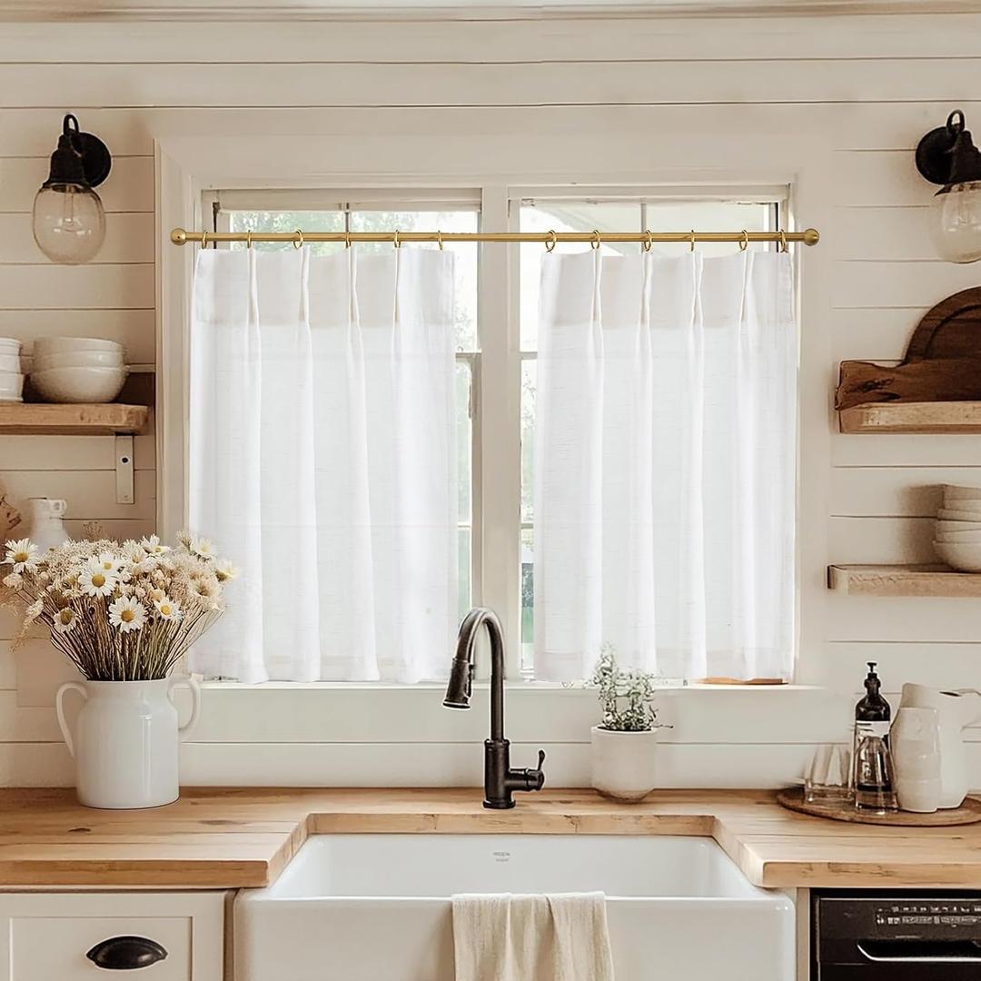 jinchan Linen Pinch Pleated Kitchen Curtains 24 Inch 2 Panels, Natural Linen Tier Curtains Back Tab Beige Farmhouse Cafe, Light Filtering Small Window Drapes for Bathroom Laundry Room Off White (26"W x 24"L (Pack of 2), Pinch Pleated White)