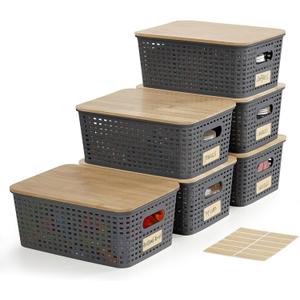 Small Plastic Storage Bins with Bamboo Lids 5.2qt Stackable Box Basket Pantry Decorative Containers Cute with Lable for Organizing Desktop Closet Office Gray of 6 packs 10 * 7.2 * 4.1'