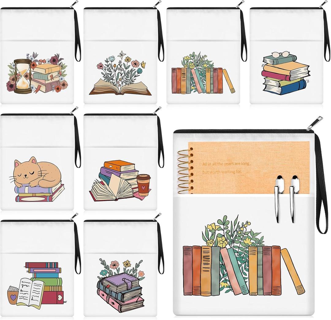 8 Pcs Book Club Gifts Book Pouch Sleeves Bulk with Zipper and Pocket Paperback Sleeve for Reading Lovers Librarian Bookish Group Club Student Teacher Gifts 11 x 8.7 Inch