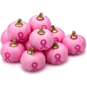 Nuanchu 48 Pack Mini Pink Breast Cancer Awareness Pumpkins Bulk Decorations Artificial Pumpkins with Pink Ribbon for Breast Cancer Public Welfare Publicity Decoration Fall Halloween Table Centerpiece
