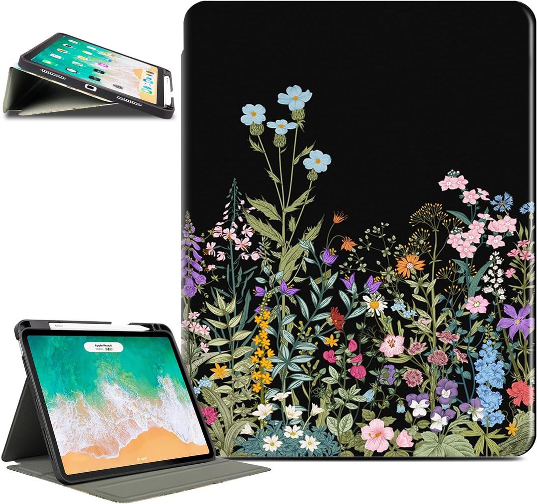 For iPad Air 11 Inch Case M3/M2, for iPad Air 5Th/4Th Generation Cases 10.9-Inch, for iPad Pro 11 Inch Case 4Th/3Rd/2Nd/1St Generation Typing Stand 4 Viewing Stand, Pencil Holder, Black Flower