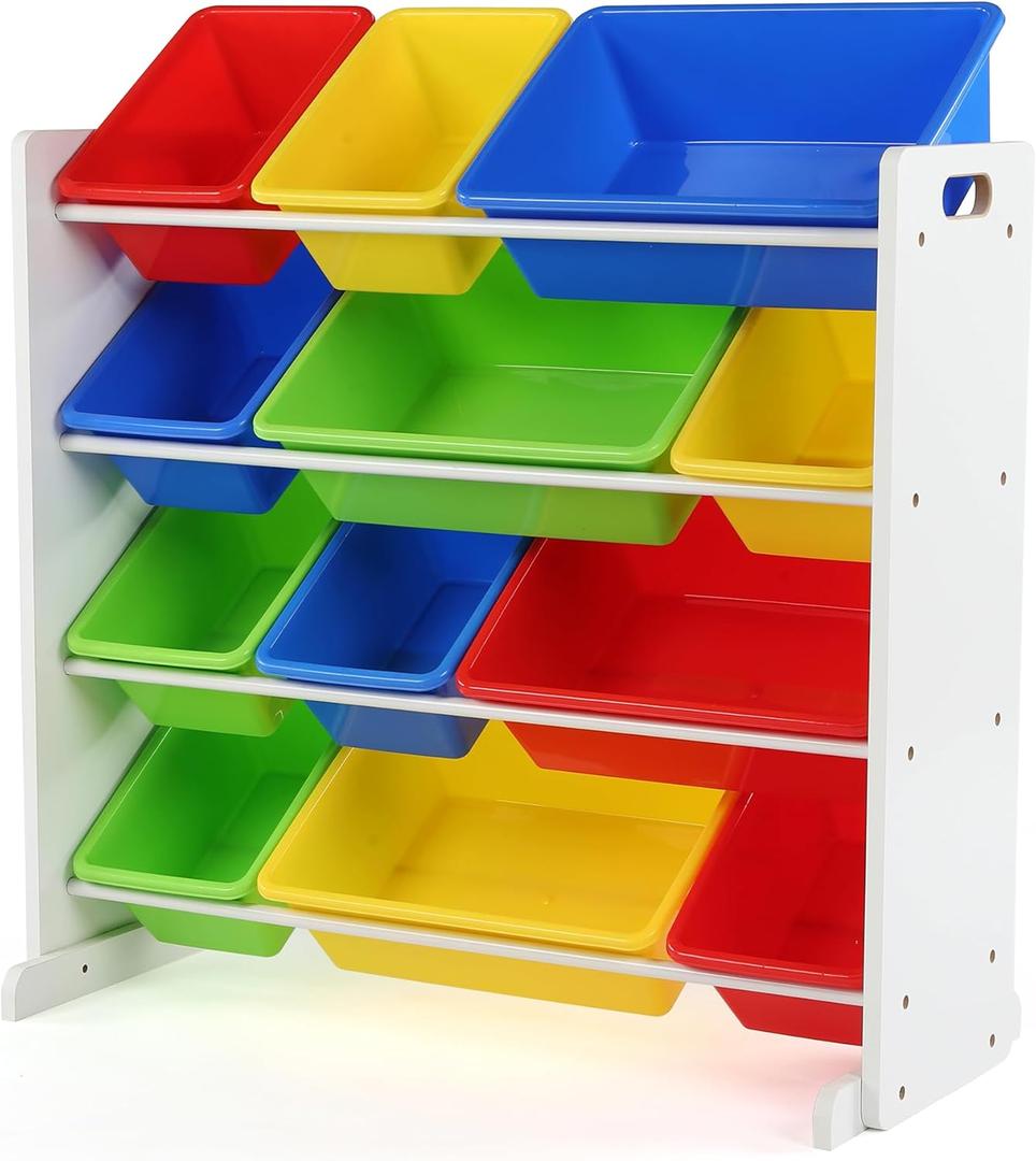 Humble Crew Toy Storage Organizer with 12 Removable Storage Bins for Kids Playroom, 4-Tier Toddler Toy Organization, White/Primary