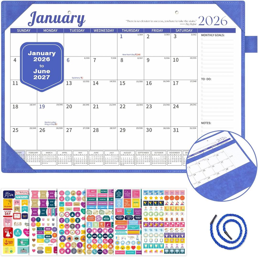 Ospelelf Desk Calendar 2026-2027 Wall Monthly Planner 12"x17" Leather Pad with Protective Cover 18 Months January 2026 - June 2027 Blue