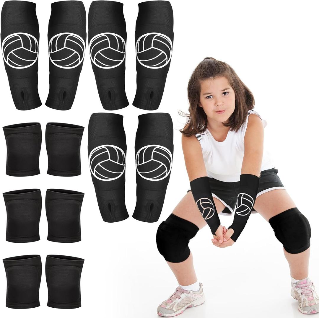 Sosation 3 Set Volleyball Arm Sleeves and Knee Pads for Kids Soft Forearm Sleeves with Protection Pad Thumbhole Volleyball Accessories for Training Youth Girls Boys 5-8 Years Old (Black)