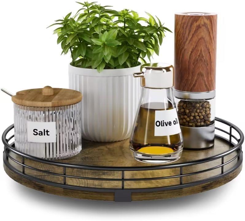 Lazy Susan Turntable Organizer for Table Top, 10 Round Wooden Lazy Susan for Cabinet Kitchen Countertop Pantry Dining Coffee Table for Condiments Spices, Rustic Bathroom Vanity Tray for Soap Candle