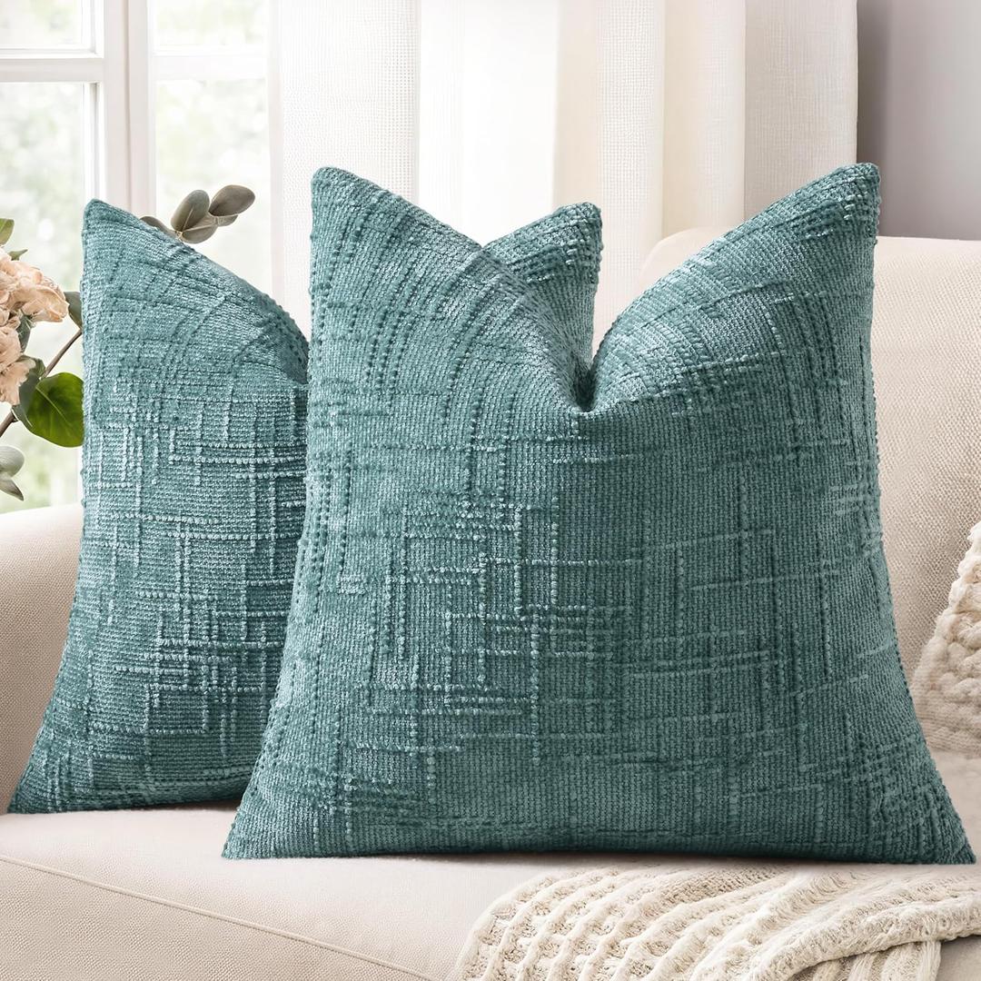 DecorUhome Spring Teal Chenille Throw Pillow Covers 18x18 Set of 2 Textured Soft Cozy Slubby Couch Pillow Covers Modern Farmhouse Boho Decorative Pillow Cases for Bed Sofa Living Room