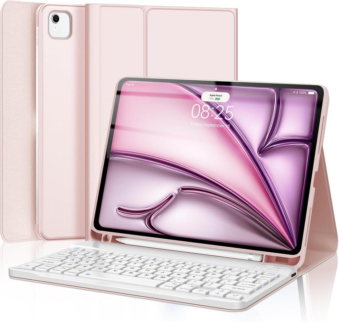 Keyboard Case for iPad Air 11-inch M2 2024, Smart Folio Leather Cover with Pencil Holder for iPad 6th Gen M2 11 inch, Rechargeable, Magnetic Wireless Keyboard for iPad Air 11 6th Gen, (Pink)