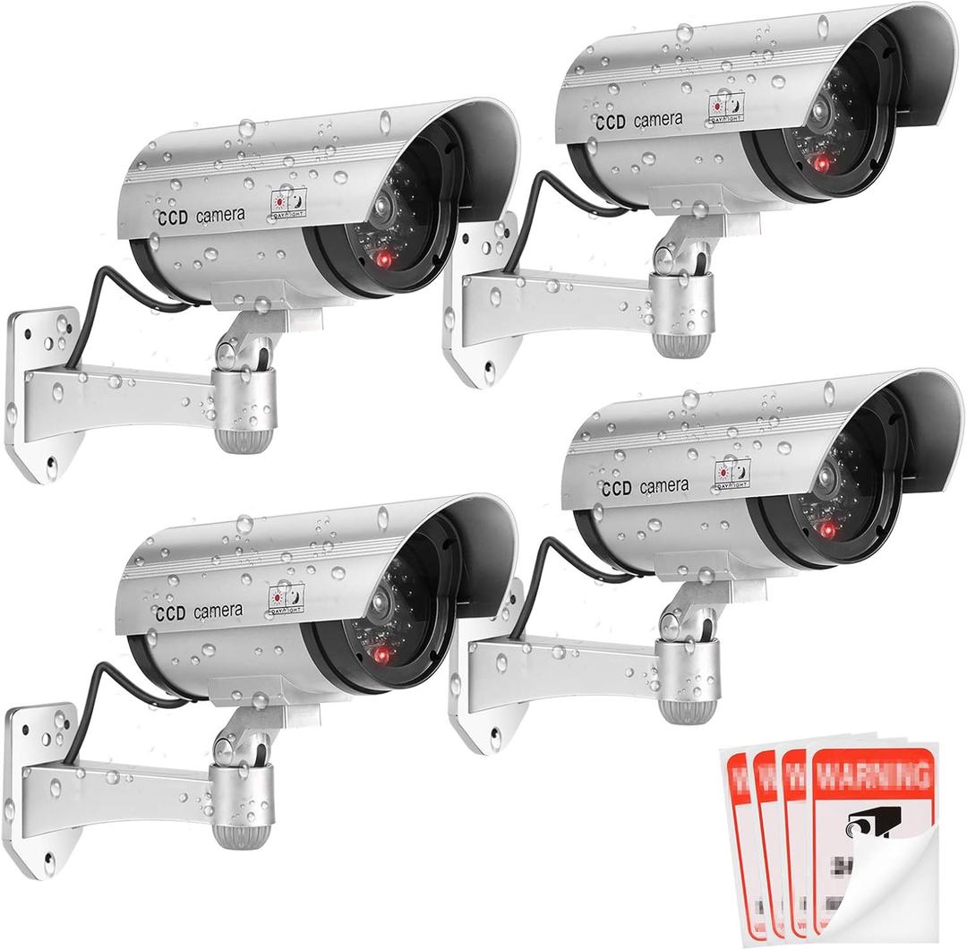 Fake Camera, FITNATE Dummy Camera CCTV Surveillance System with LED Red Flashing Light with 4 Safety Warning Stickers, Fake Security Camera for Outdoor & Indoor Use (4 Packs, Silver)